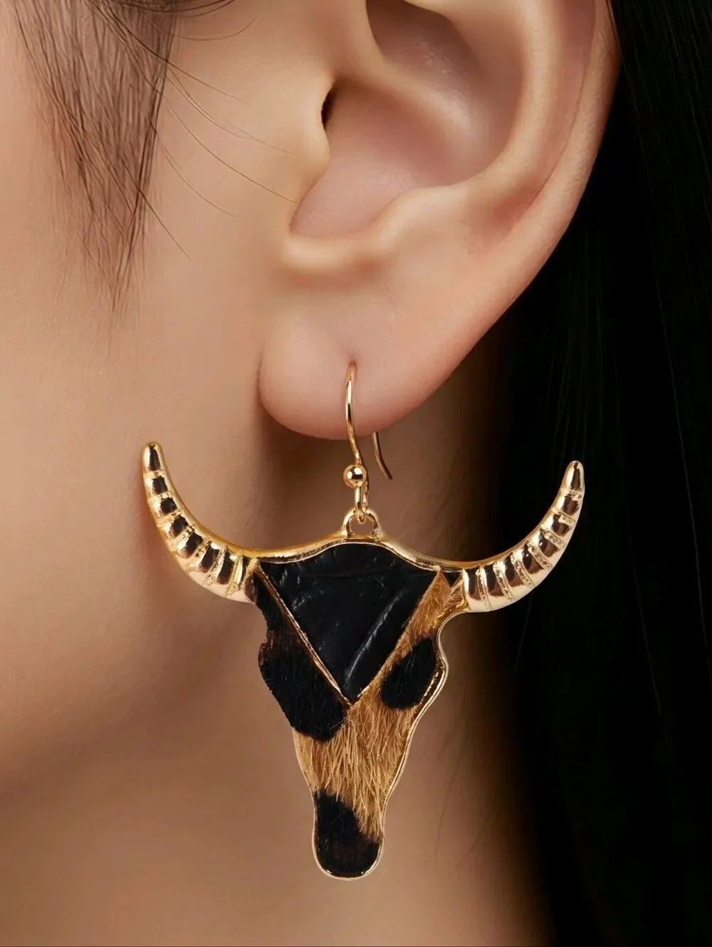Cowhide Steer Head Earrings Gold Western Leopard Jewelry Coastal Cowgirl Glam